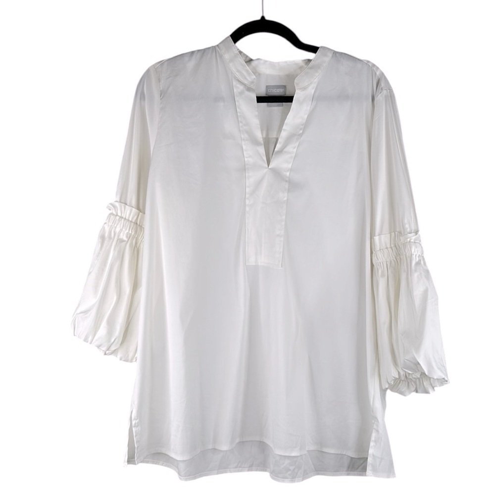 Chico's White Classic Coastal Minimalist V-Neck Ruffle Flare‎ Sleeves Size Large